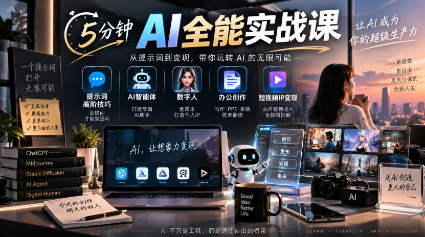 5分钟AI全能实战课｜提示词高阶技巧+AI智能体+数字人+办公创作+短视频IP变现全教程-藏宝阁