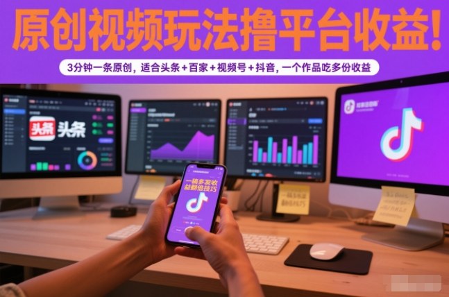 原创视频玩法撸平台收益，3分钟一条原创，适合头条+百家+视频号+抖音，一个作品吃多份收益-藏宝阁