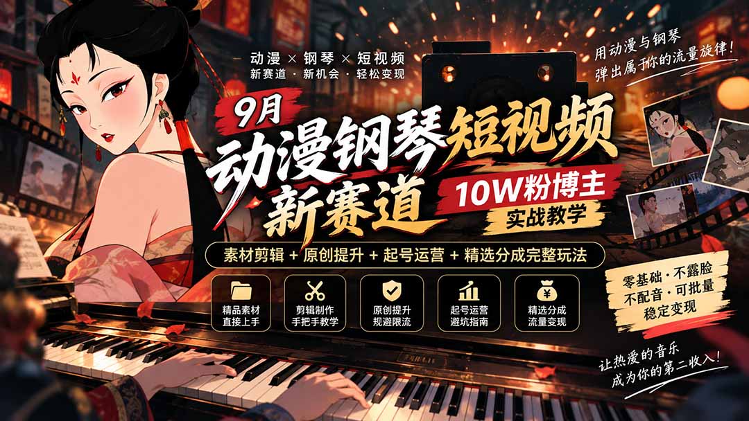 9月动漫钢琴短视频新赛道｜10W粉博主实战教学，素材剪辑+原创提升+起号运营+精选分成完整玩法-藏宝阁