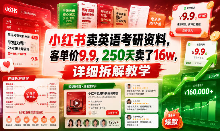 小红书卖英语考研资料，客单价9.9，250天卖了16w，详细拆解教学-藏宝阁