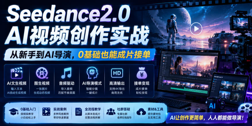 Seedance2.0 AI视频创作实战，从新手到AI导演，0基础也能成片接单变现-藏宝阁