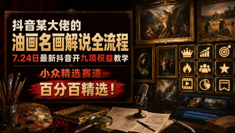 抖音某大佬的油画名画解说全流程，7.24日最新抖音开九项权益教学，小众精选赛道，百分百精选！-藏宝阁