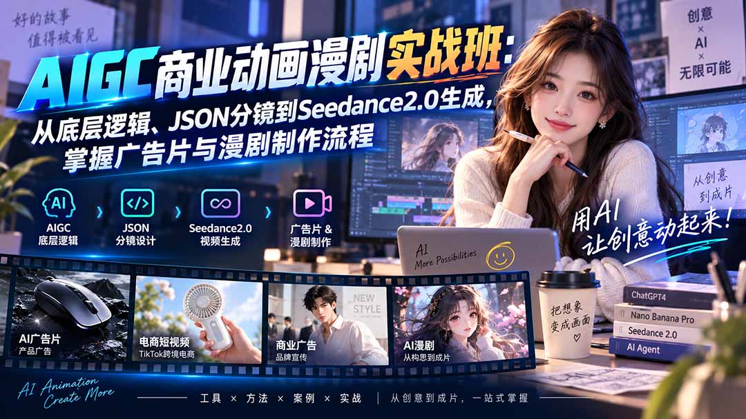 AIGC商业动画漫剧实战班-更新：从底层逻辑、JSON分镜到Seedance2.0生成，掌握广告片与漫剧制作流程-藏宝阁