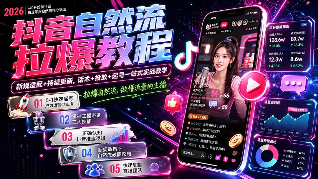 抖音自然流拉爆教程-更新7月：做懂流量的主播，新规适配+持续更新，话术+投放+起号一站式实战教学-藏宝阁