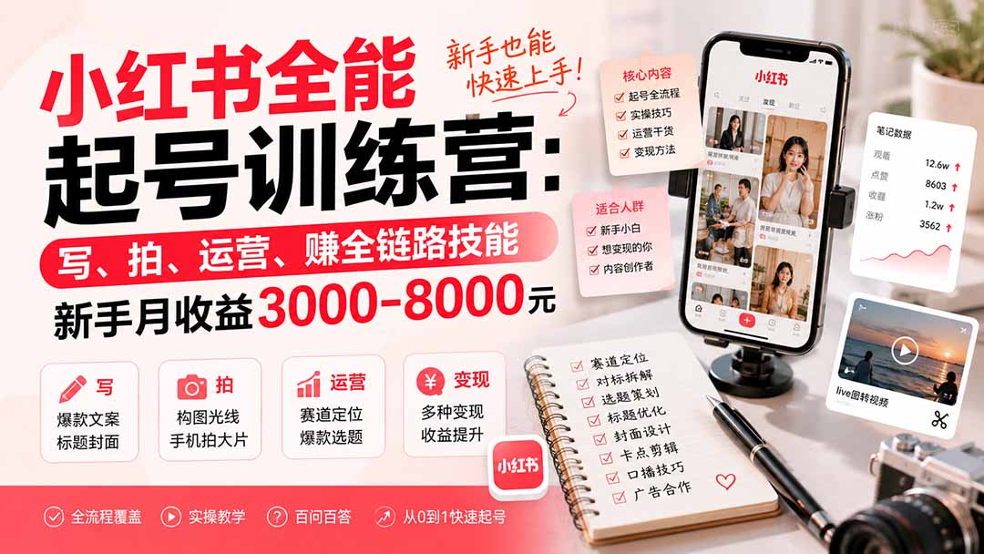 小红书全能起号训练营-更新：写、拍、运营、赚全链路技能，新手月收益3000-8000元-藏宝阁