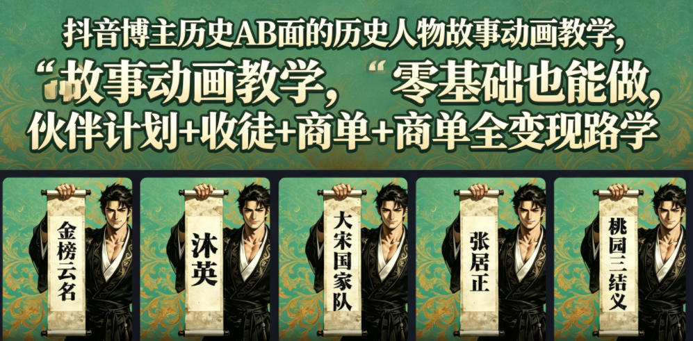 抖音博主历史AB面的历史人物故事动画教学，零基础也能做，伙伴计划+收徒+商单全变现路径教学-藏宝阁