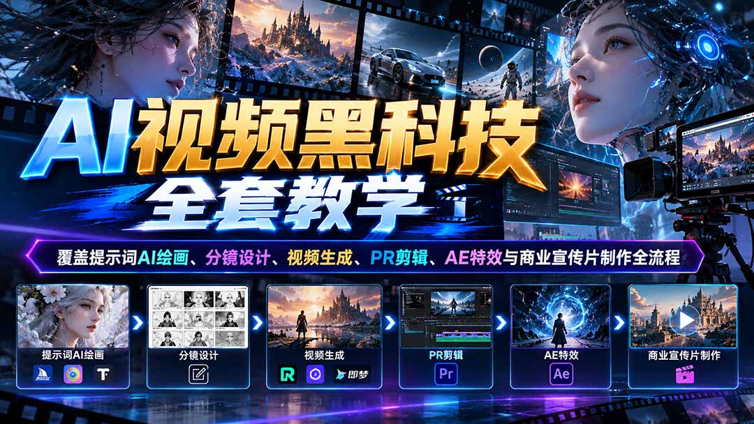 AI视频黑科技全套教学：覆盖提示词AI绘画、分镜设计、视频生成、PR剪辑、AE特效与商业宣传片制作全流程-藏宝阁