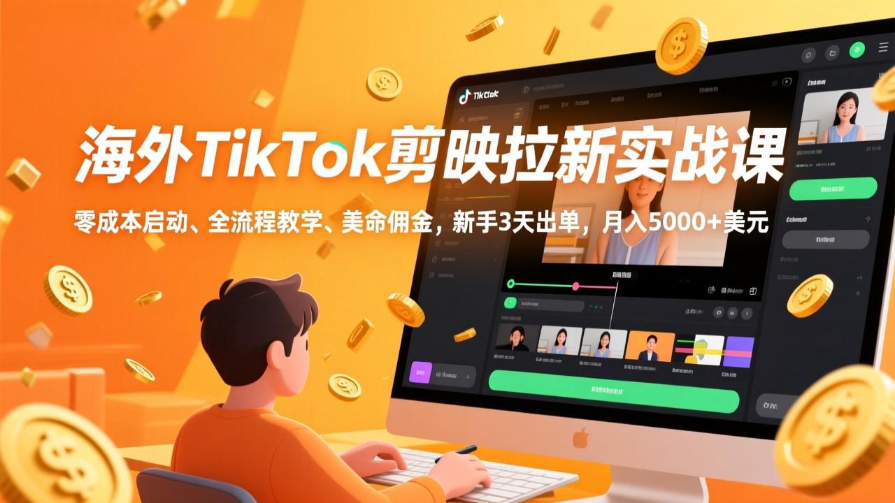 海外TikTok剪映拉新实战课，零成本启动、全流程教学、美金佣金，新手3天出单，月入5000+美元-藏宝阁