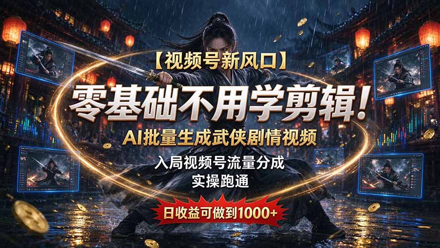 【视频号新风口】零基础不用学剪辑！AI 批量生成武侠剧情视频，入局视频号流量分成，实操跑通，日收益可做到 1000+-藏宝阁