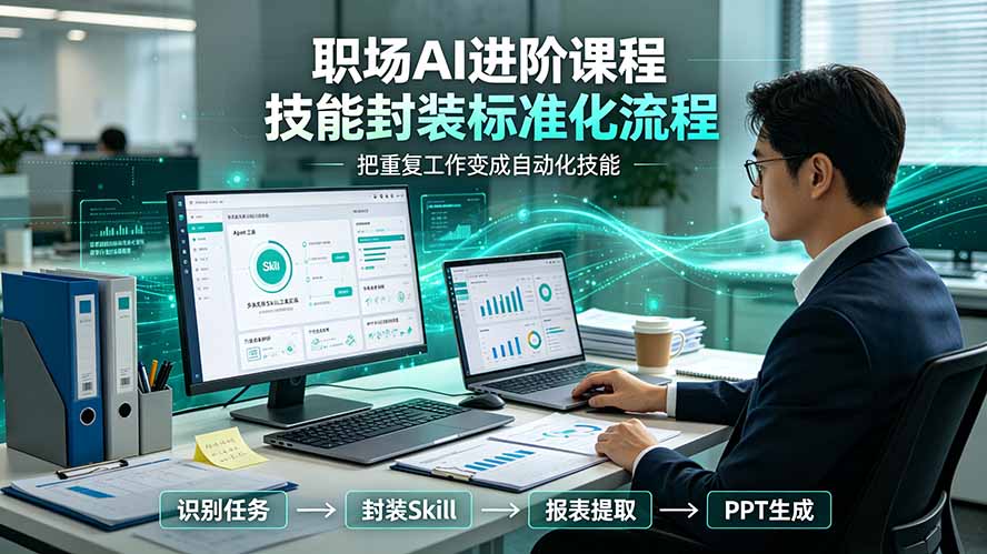职场AI进阶课程；多类实用Skill工具实操，专属技能封装标准化流程，报表行业报告一键提取核心内容-藏宝阁