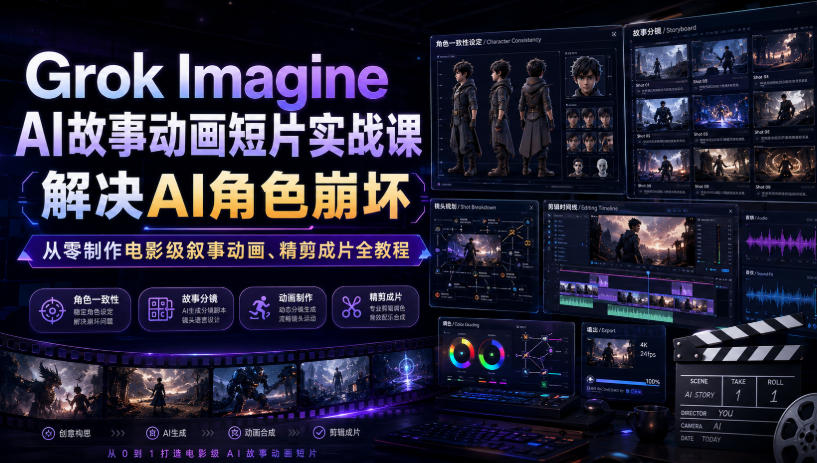 Grok Imagine AI故事动画短片实战课｜解决AI角色崩坏，从零制作电影级叙事动画、精剪成片全教程(中英字幕)-藏宝阁