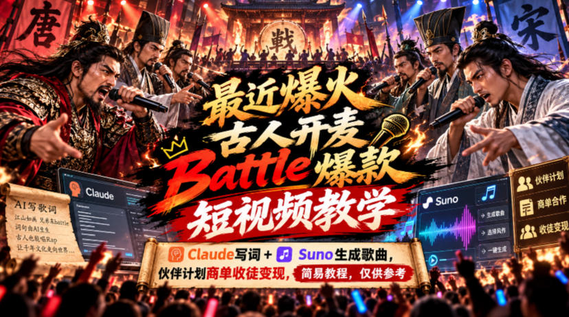 最近爆火古人开麦Battle爆款短视频教学，Claude写词+Suno生成歌曲，伙伴计划商单收徒变现，简易教程，仅供参考-藏宝阁
