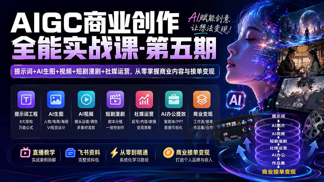 AIGC商业创作全能实战课-第五期：提示词+AI生图+视频+短剧漫剧+社媒运营，从零掌握商业内容与接单变现-藏宝阁