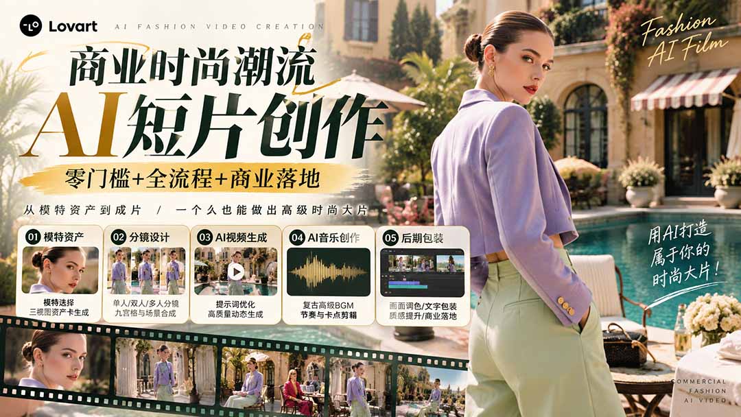 从一张模特图到高级时尚广告大片：AI三视图资产、场景合成、电影分镜、动态生成与复古音乐剪辑实战课-藏宝阁
