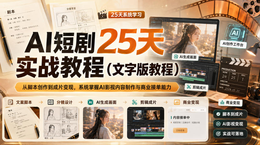 AI短剧25天实战教程(文字版教程)，从脚本创作到成片变现，系统掌握AI影视内容制作与商业接单能力-藏宝阁