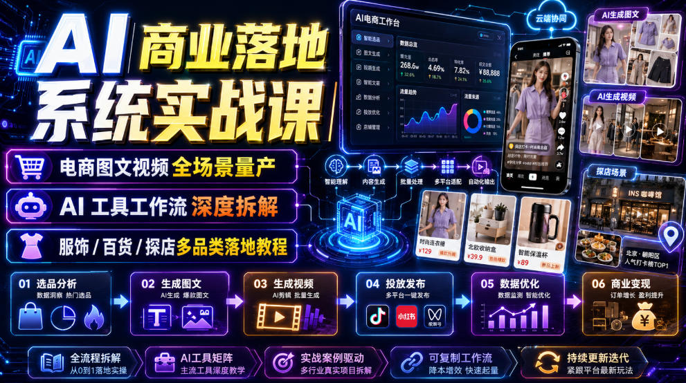 AI商业落地系统实战课｜电商图文视频全场景量产・AI工具工作流深度拆解・服饰/百货/探店多品类落地教程-藏宝阁