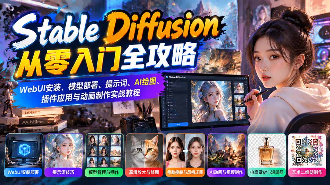 Stable Diffusion从零入门全攻略：WebUI安装、模型部署、提示词、AI绘图、插件应用与动画制作实战教程-藏宝阁