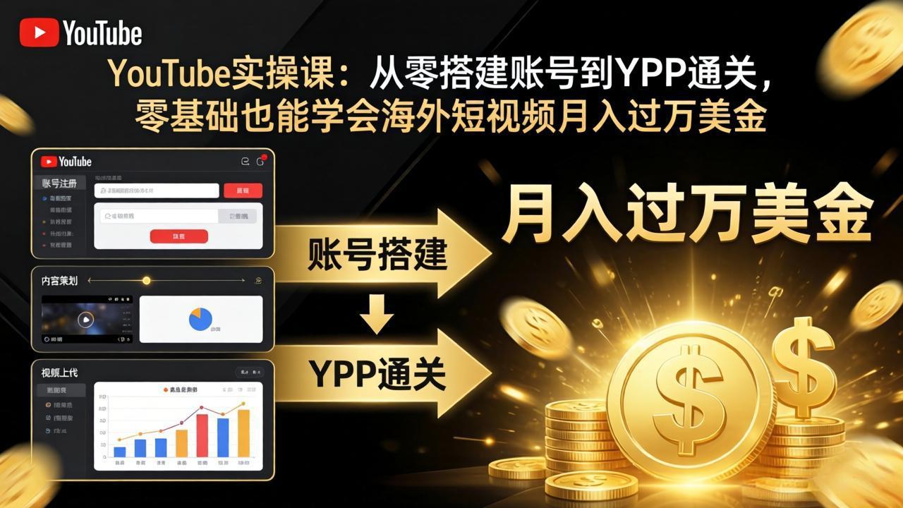 YouTube实操课：从零搭建账号到YPP通关，零基础也能学会海外短视频月入过万美金-藏宝阁