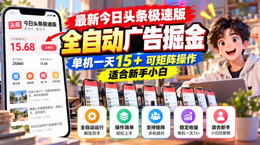 最新今日头条极速版全自动广告掘金，单机一天15+可矩阵操作适合新手小白-藏宝阁