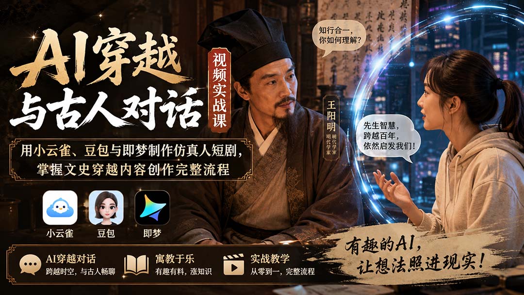 AI穿越与古人对话视频实战课：用小云雀、豆包与即梦制作仿真人短剧，掌握文史穿越内容创作完整流程-藏宝阁