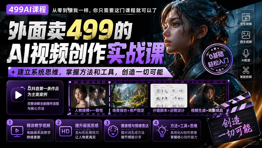 外面卖499的AI视频创作实战课：建立系统思维，掌握方法和工具，创造一切可能。-藏宝阁