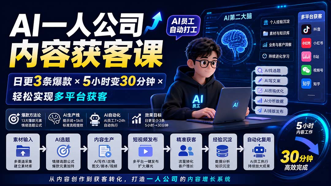 AI一人公司内容获客课-更新8月：日更3条爆款×5小时变30分钟×AI员工自动打工，轻松实现多平台获客-藏宝阁