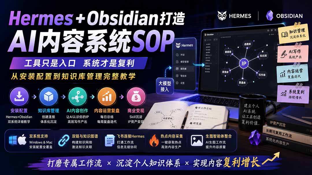 Hermes+Obsidian打造AI内容系统SOP；工具只是入口系统才是复利，从安装配置到知识库管理完整教学-藏宝阁