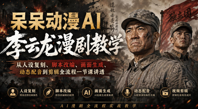 呆呆动漫AI李云龙漫剧教学，从人设复刻、脚本改编、画面生成、动态配音到剪辑全流程一节课讲透-藏宝阁