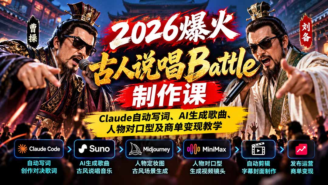 2026爆火古人说唱Battle制作课：Claude自动写词、AI生成歌曲、人物对口型及商单变现教学-藏宝阁