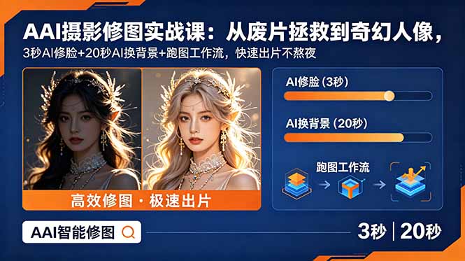 AI摄影修图实战课：从废片拯救 到 奇幻人像，3秒AI修脸+20秒AI换背景+跑图工作流，快速出片不熬夜-藏宝阁