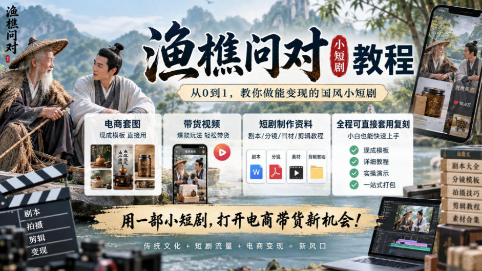 渔樵问对小短剧教程，包含电商套图、带货视频，短剧制作资料，全程可直接套用复刻-藏宝阁