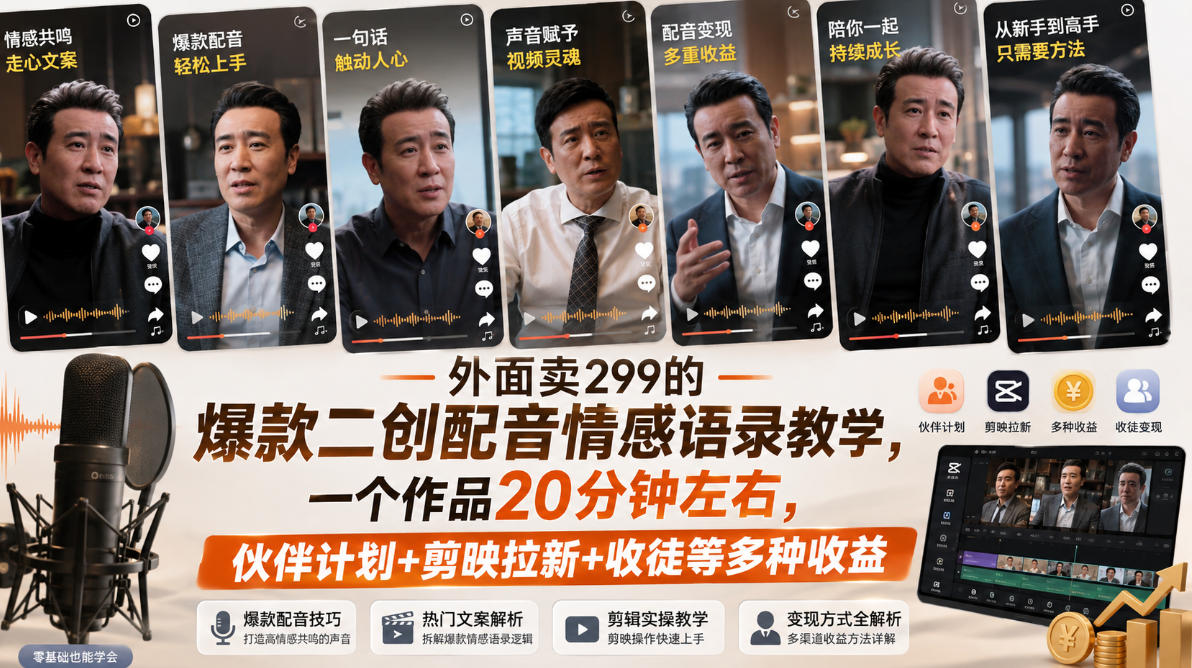 外面卖299的爆款二创配音情感语录教学，一个作品20分钟左右，伙伴计划+剪映拉新+收徒等多种收益-藏宝阁