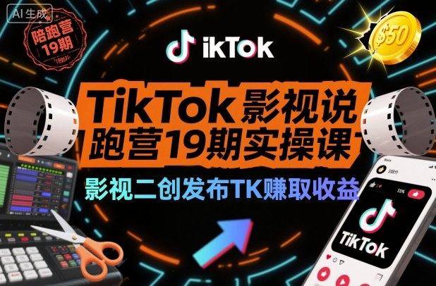TikTok影视解说陪跑营19期实操课，影视二创发布TK賺取收益，万播收益50美金(更新)-藏宝阁