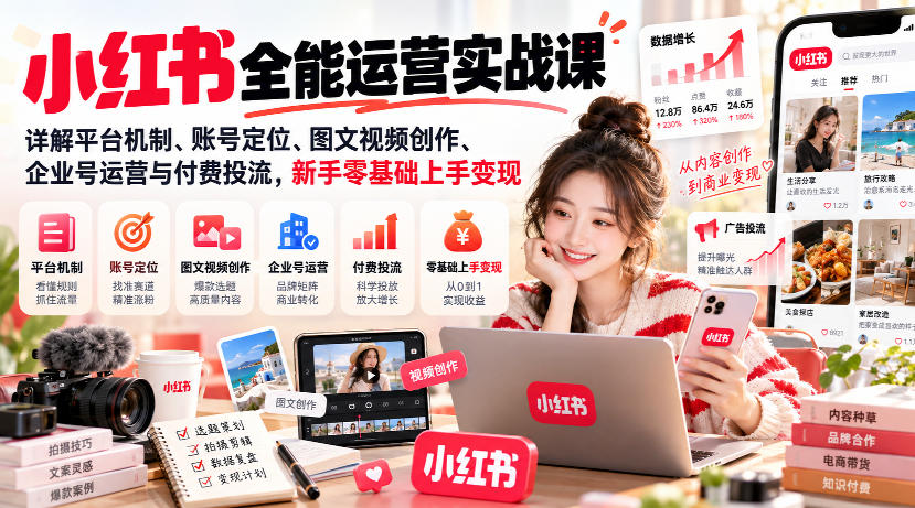 小红书全能运营实战课，详解平台机制、账号定位、图文视频创作、企业号运营与付费投流，新手零基础上手变现-藏宝阁