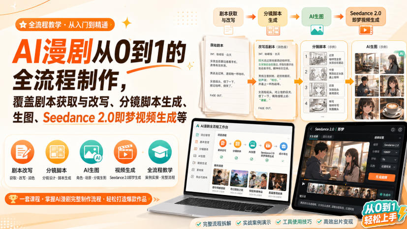 AI漫剧从0到1的全流程制作，覆盖剧本获取与改写、分镜脚本生成、角色场景生图与三视图、Seedance 2.0即梦视频生成(PDF版)-藏宝阁