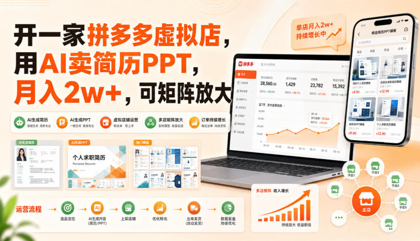 开一家拼多多虚拟店，用AI卖简历PPT，月入2w+，可矩阵放大【揭秘】-藏宝阁