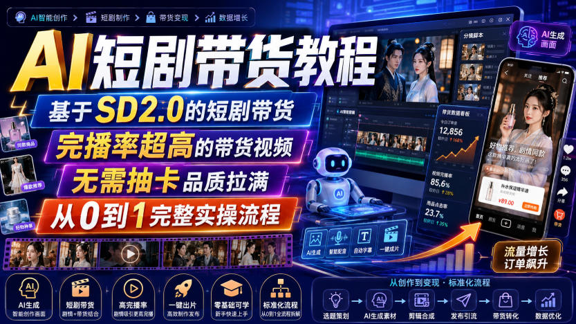 AI短剧带货教程，基于SD2.0的短剧带货，完播率超高的带货视频，无需抽卡品质拉满，从0到1完整实操流程-藏宝阁
