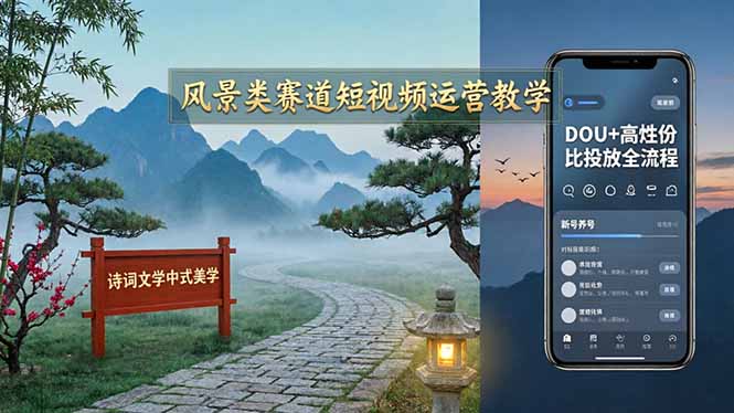 风景类赛道短视频运营教学：诗词文学中式美学，新号养号对标账号定位，DOU+高性价比投放全流程-藏宝阁