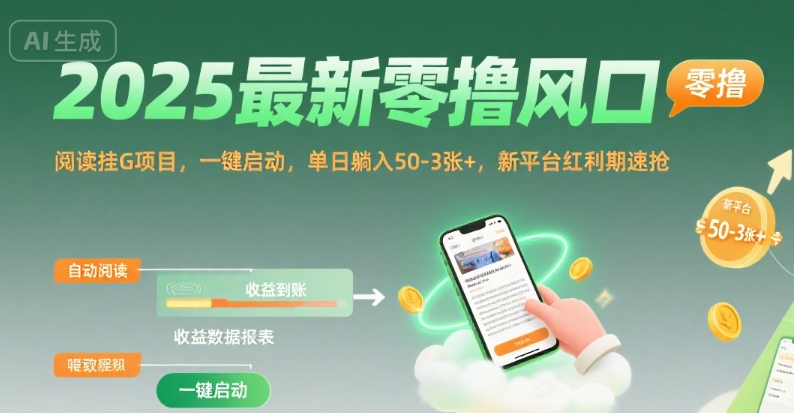 2025最新零撸风口，阅读挂G项目，一键启动，单日躺入 50-3张+，新平台红利期速抢【揭秘】-藏宝阁