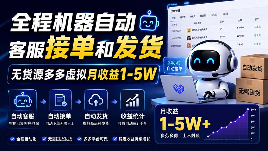 全程机器自动客服接单和发货，无货源多多虚拟月收益1-5W-藏宝阁