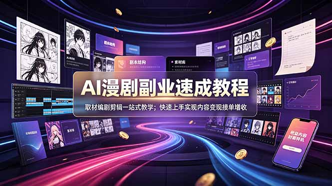 AI漫剧副业速成教程，取材编剧剪辑一站式教学；快速上手实现内容变现接单增收-藏宝阁