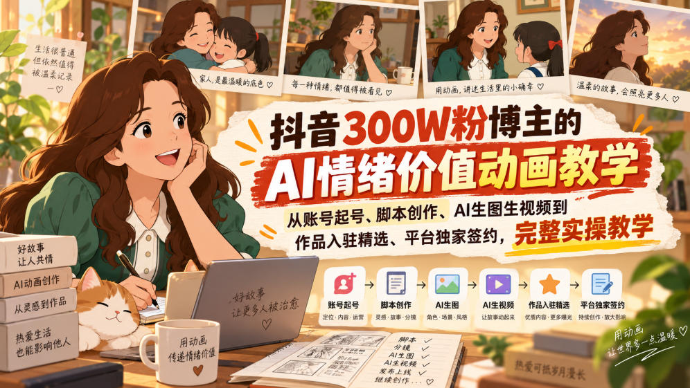 抖音300W粉博主的AI情绪价值动画教学，从账号起号、脚本创作、AI生图生视频到作品入驻精选、平台独家签约，完整实操-藏宝阁