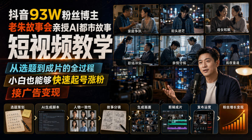 抖音93W粉丝博主老朱故事会亲授AI都市故事短视频教学，从选题到成片的全过程，小白也能够快速起号涨粉接广告变现-藏宝阁