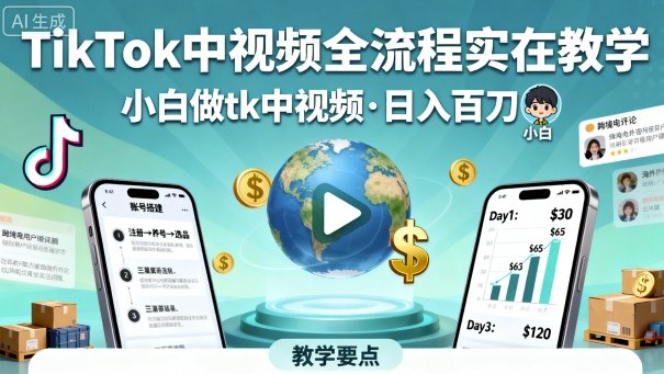 TikTok中视频全流程实操教学，小白做tk中视频，日入百刀-藏宝阁