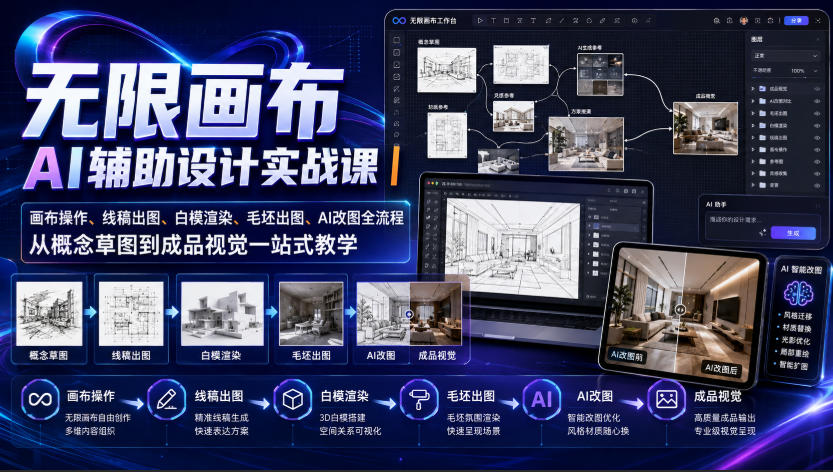 无限画布AI辅助设计实战课｜画布操作、线稿出图、白模渲染、毛坯出图、AI改图全流程，从概念草图到成品视觉一站式教学-藏宝阁