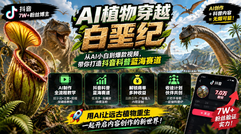 抖音7W粉丝博主的AI植物穿越白垩纪教学，抖音科普蓝海赛道，解锁商单收徒伙伴计划等多种收益-藏宝阁