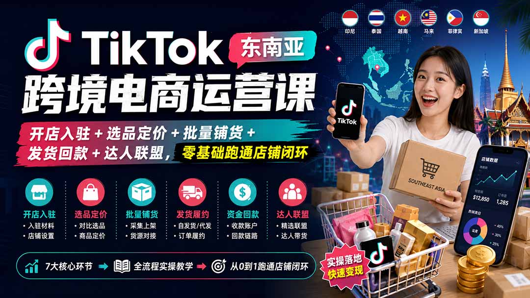TikTok东南亚跨境电商运营课：开店入驻+选品定价+批量铺货+发货回款+达人联盟，零基础跑通店铺闭环-藏宝阁