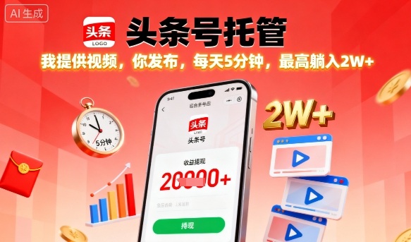 【头条号托管】我提供视频，你发布，每天5分钟，最高躺入2W+【揭秘】-藏宝阁
