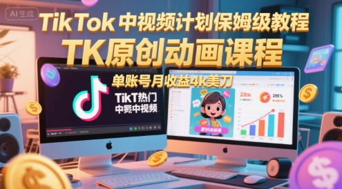TikTok中视频计划保姆级教程，TK原创动画课程，单账号月收益4k美刀-藏宝阁