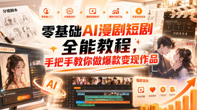 零基础AI漫剧短剧全能教程，从AI智能体搭建、文案脚本分镜、多平台AI生视频、剪映精修，覆盖全题材创作，手把手教你做爆款变现作品-藏宝阁